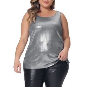 Plus Size Tops Crew Neck Sleeveless Party Holographic Shiny Tank Top Silver